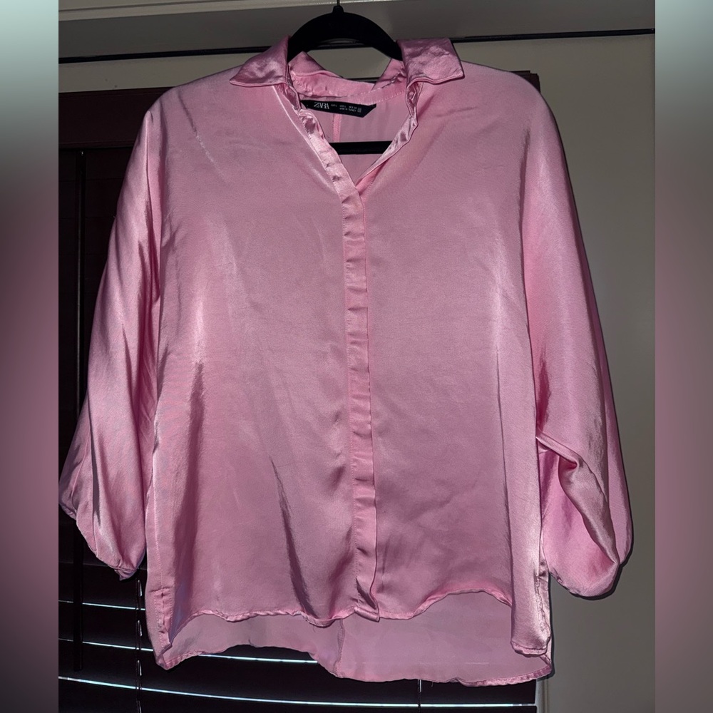 Zara Blush Pink Satin Button-Down Shirt